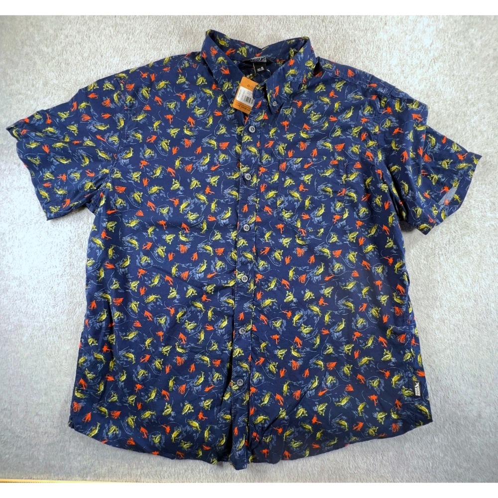 Eddie Bauer Mens XL Baja Shirt Navy Blue Fishing Trout Lure Print Short Sleeve